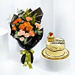 Comical Treat Birthday Chocolate Cake n Flowers