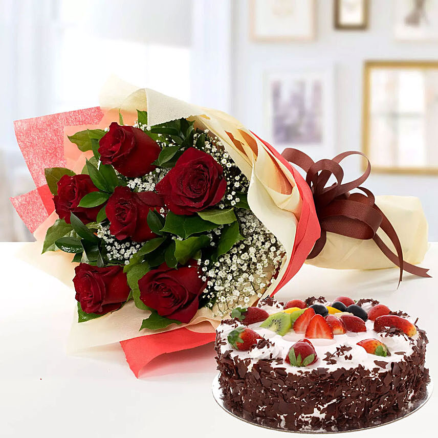 Red Roses & Black Forest Cake- Half Kg: Send Flowers and Cakes to Saudi Arabia