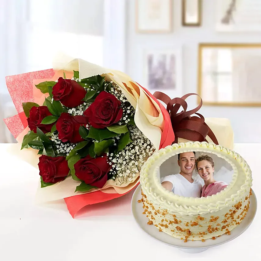 Butterscotch Cake With Red Roses Bouquet: Send Flowers and Cakes to Saudi Arabia