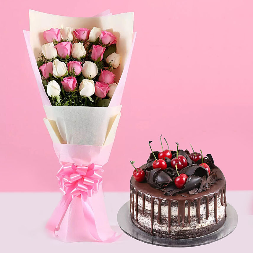 Pink White Roses & Black Forest Cake: Send Flowers and Cakes to Saudi Arabia