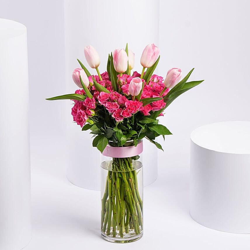 Elegant Pink Tulip And Baby Rose Bouquet In Vase: Send Flowers to Saudi Arabia