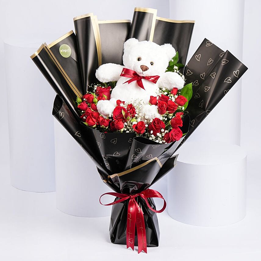 Love Bouquet With Teddy: Saudi Arabia Gift Delivery