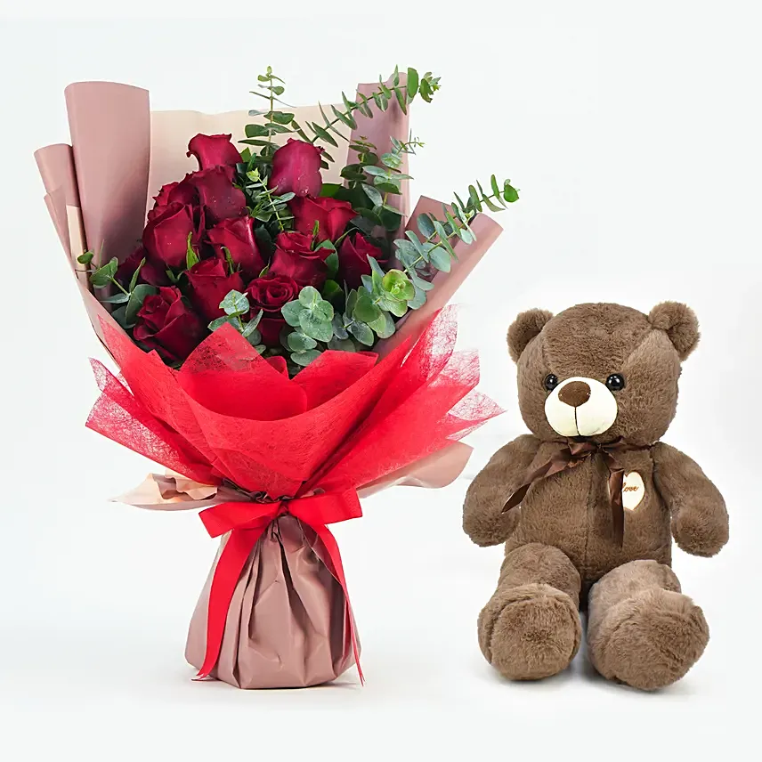 13 Roses Bouquet With Teddy