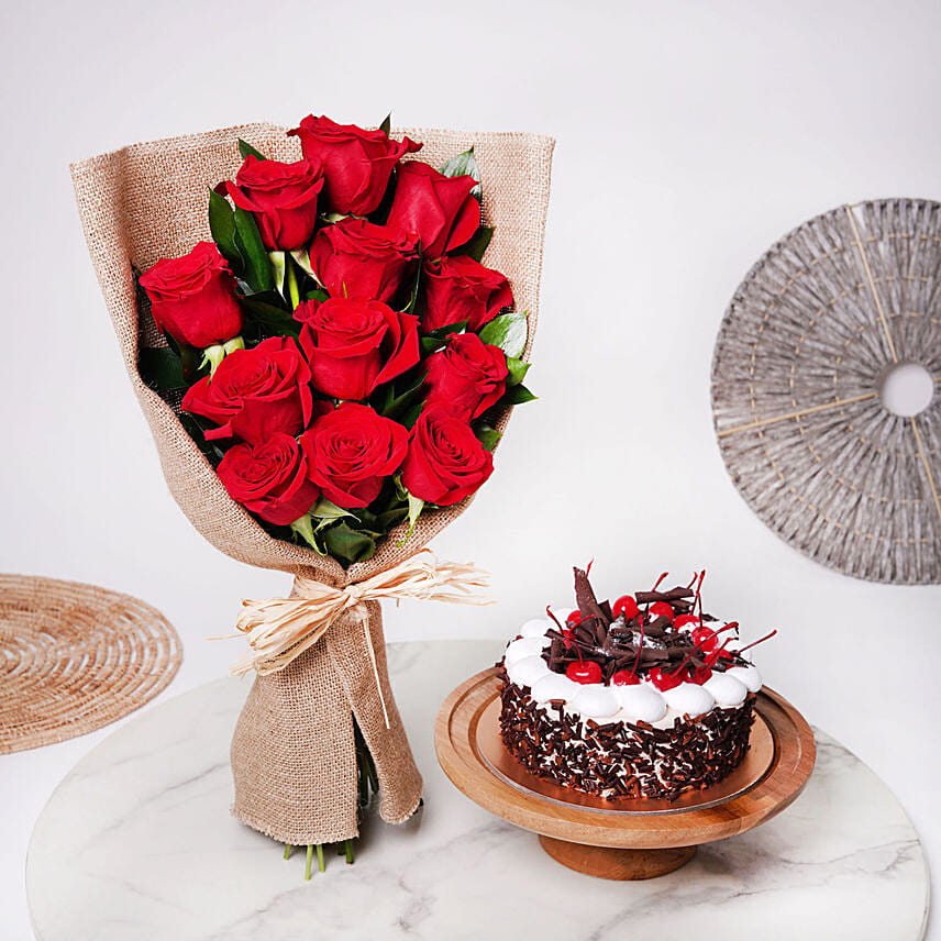 Red Roses Bunch & Black Forest Cake