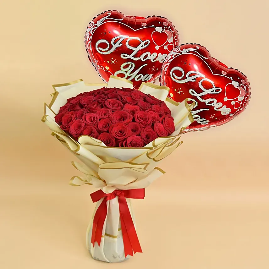 50 Valentine Roses Bouquet And Balloons