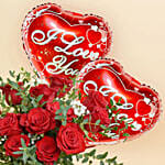 12 Red Roses in Premium Vase And Balloons