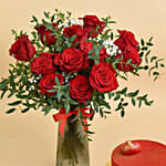 12 Red Roses in Premium Vase And Cake