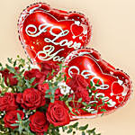 12 Red Roses in Premium Vase And Balloons