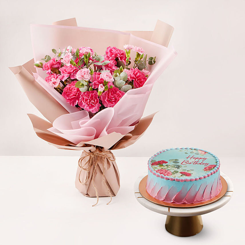 Birthday Wish Carnation Bouquet And Cake