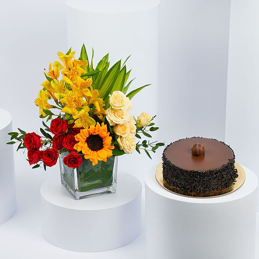 Delightful Birthday Chocolate Cake and Flowers