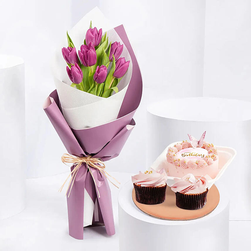 Purple Tulips In Bouquet With Bento Cake and Cup Cakes