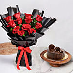 Elegant Rose Bouquet With Chocolate Fudge Cake