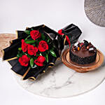 Elegant Rose Bouquet With Chocolate Fudge Cake