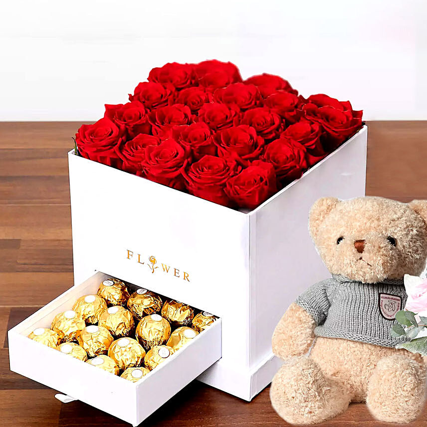 Online Classic Red Roses Arrangement With Teddy Bear Gift Delivery