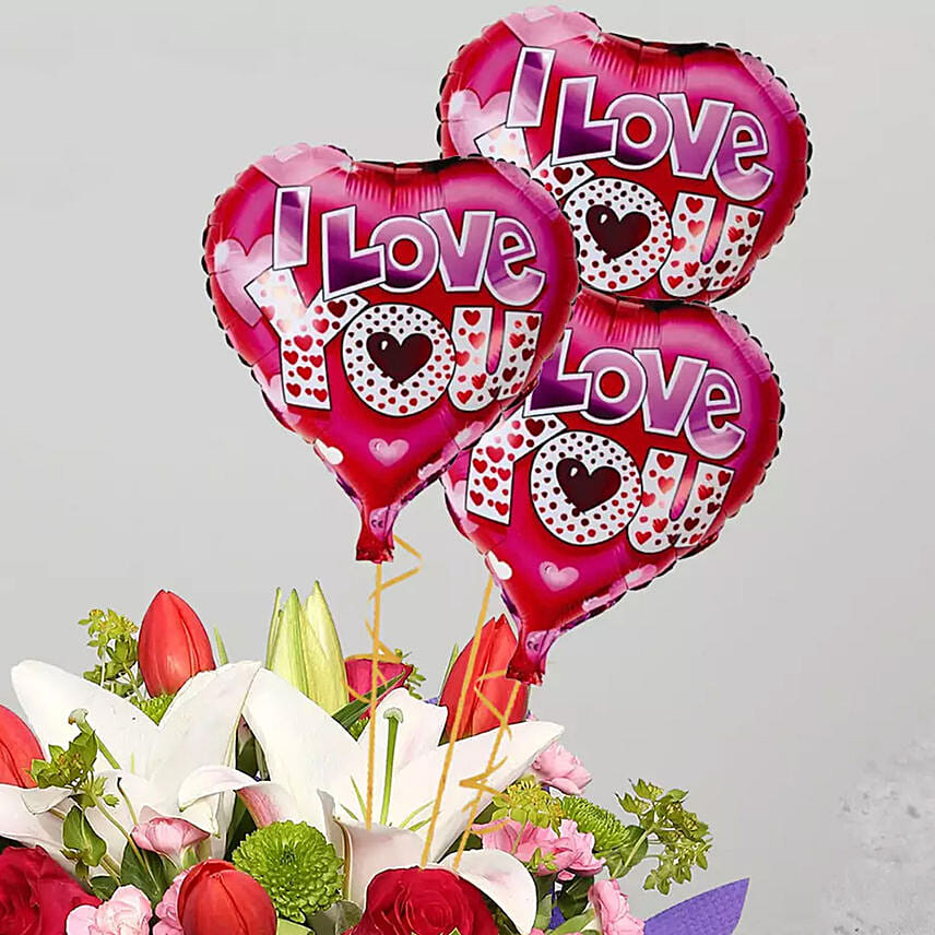 Online Anniversary Flower Arrangement With Balloon Gift Delivery In Uae 