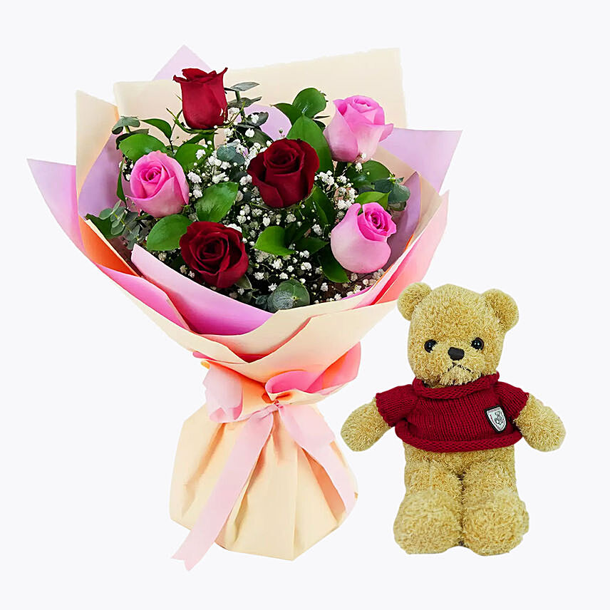 Teddy Bear With Red and Pink Rose Posy