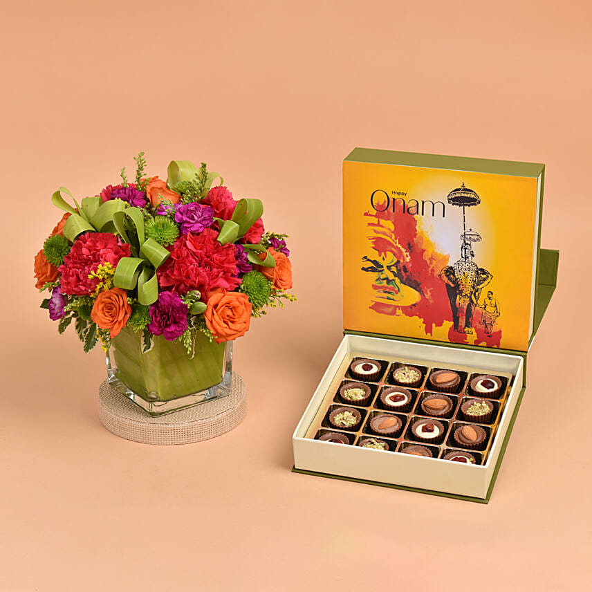 Onam Flower Arrangement With Chocolates