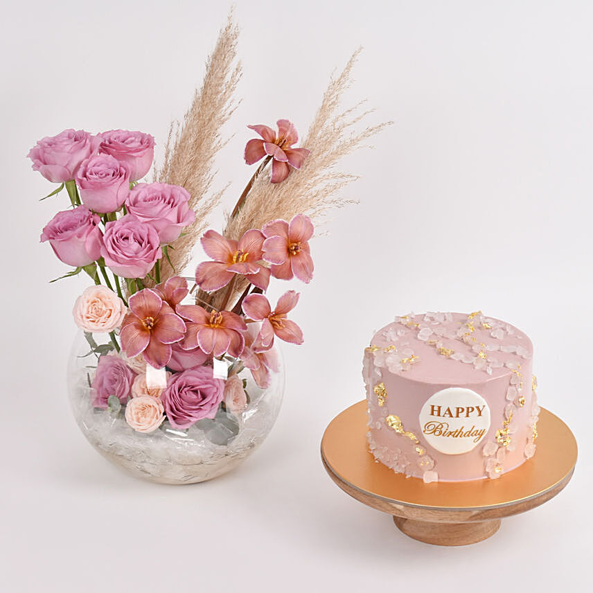 Online Tulips and Roses with Birthday Cake Gift Delivery in UAE - FNP