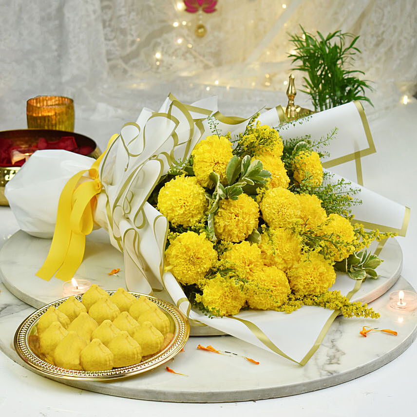 Marigold Flowers Bouquet and Modak