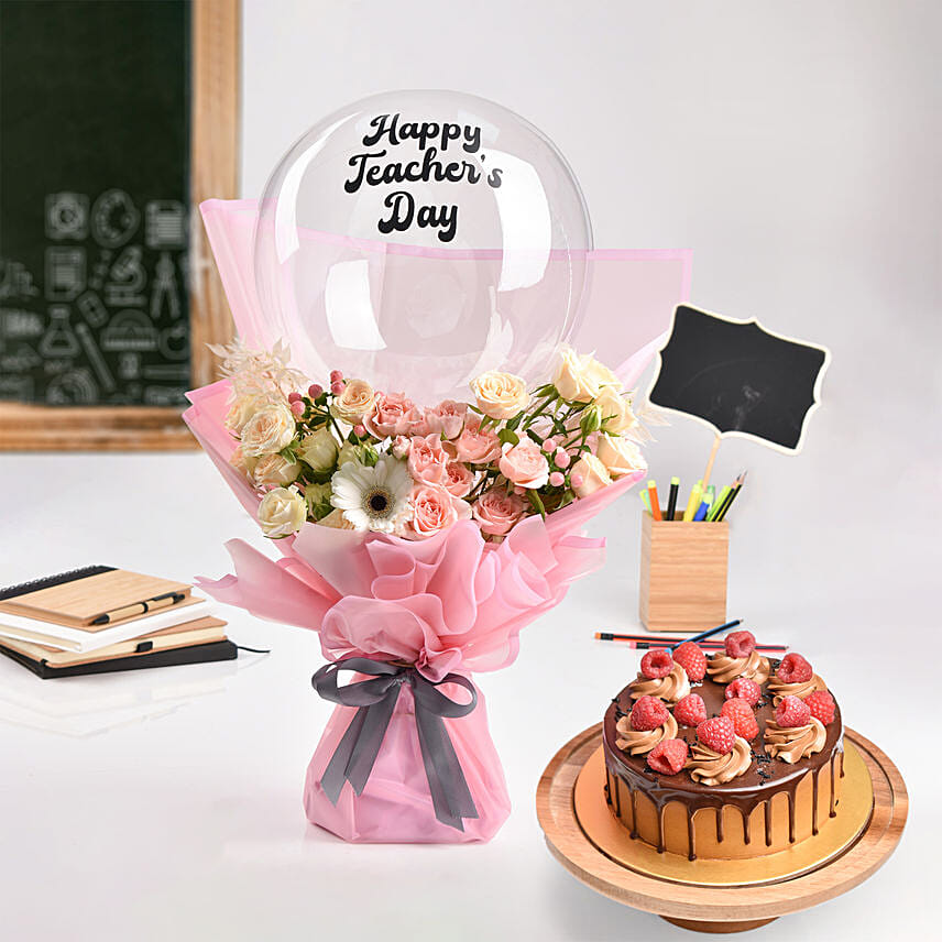 Happy Teachers Day Bouquet With Balloon And Cake