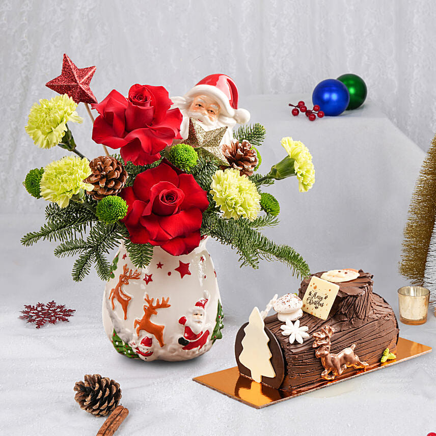 White Santa Flowers With Log Cake