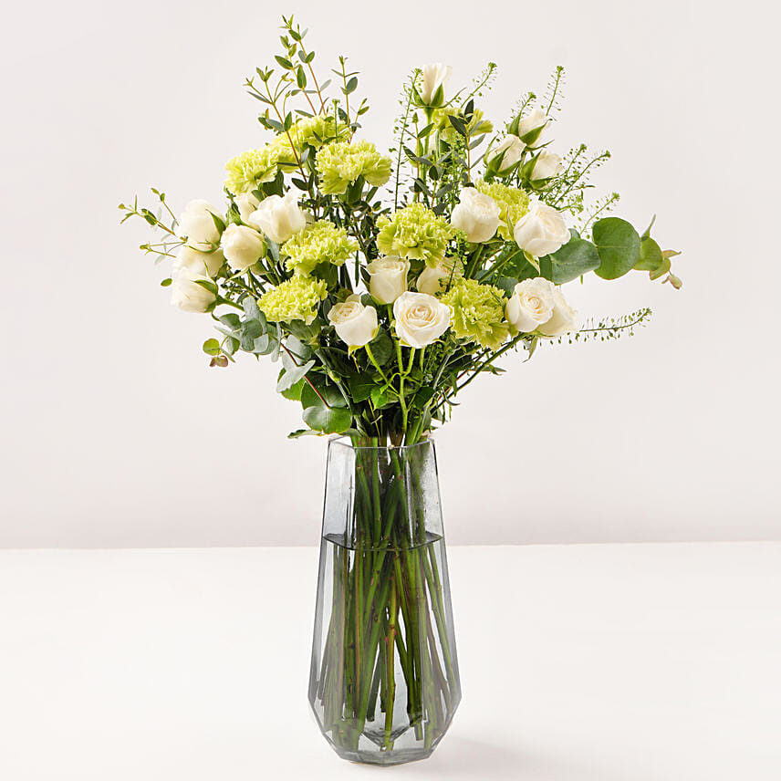 Carnation And Rose In White Vase