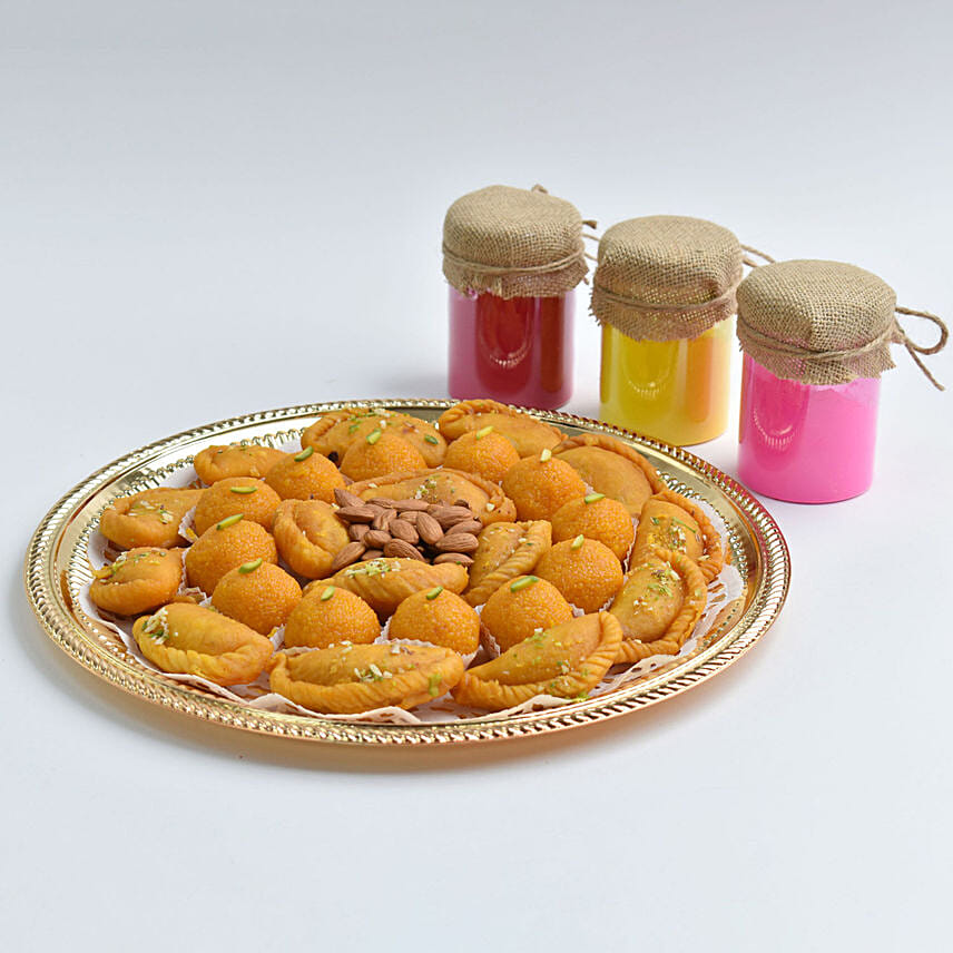 Holi Celebrations Gujiya Tray with Colors