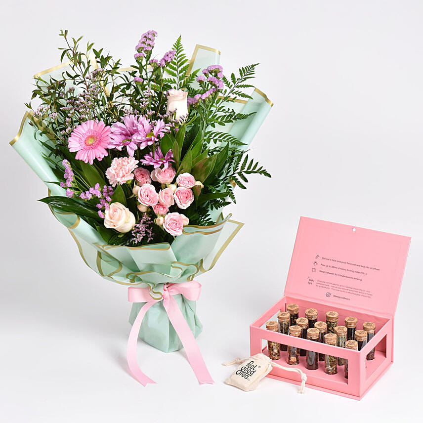 Pastel Pink Bouquet with Premium Tea Box