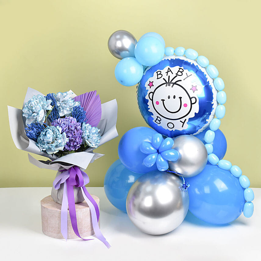 Baby Boy Balloons with celebration Flowers Bouquet