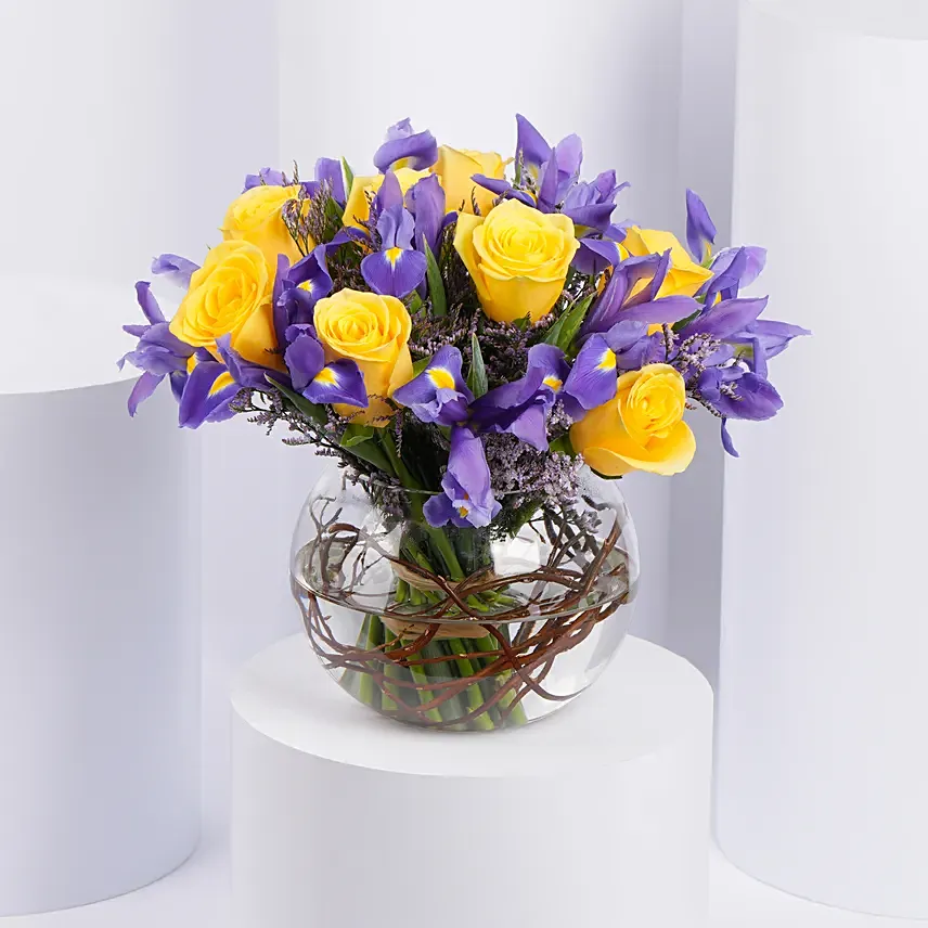 Iris and Roses Fish Bowl Arrangement