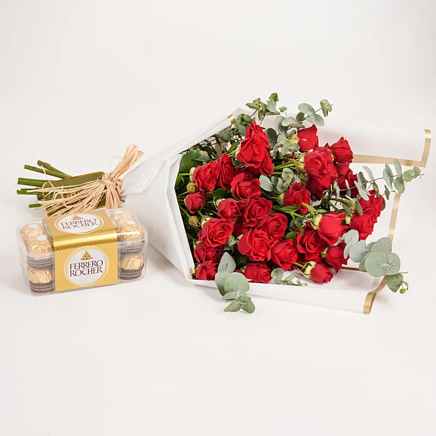 Baby Roses Bouquet with Ferrero Rocher Chocolate