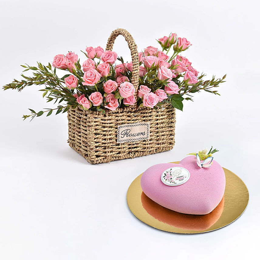 Pink Spray Roses in Small Basket And Cake