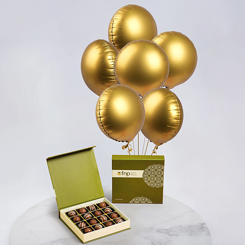 6 Golden Foil Balloons & Hazelnut Chocolates