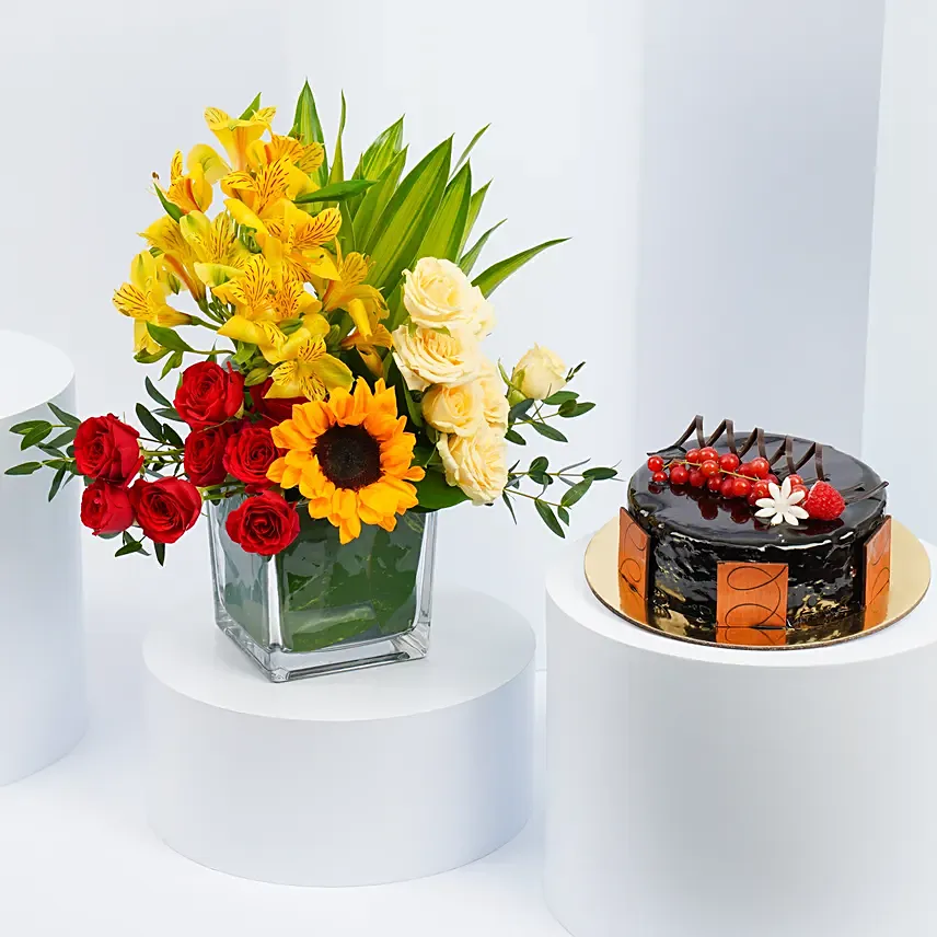 Eggless Chocolate Truffle Cake and Flowers Combo