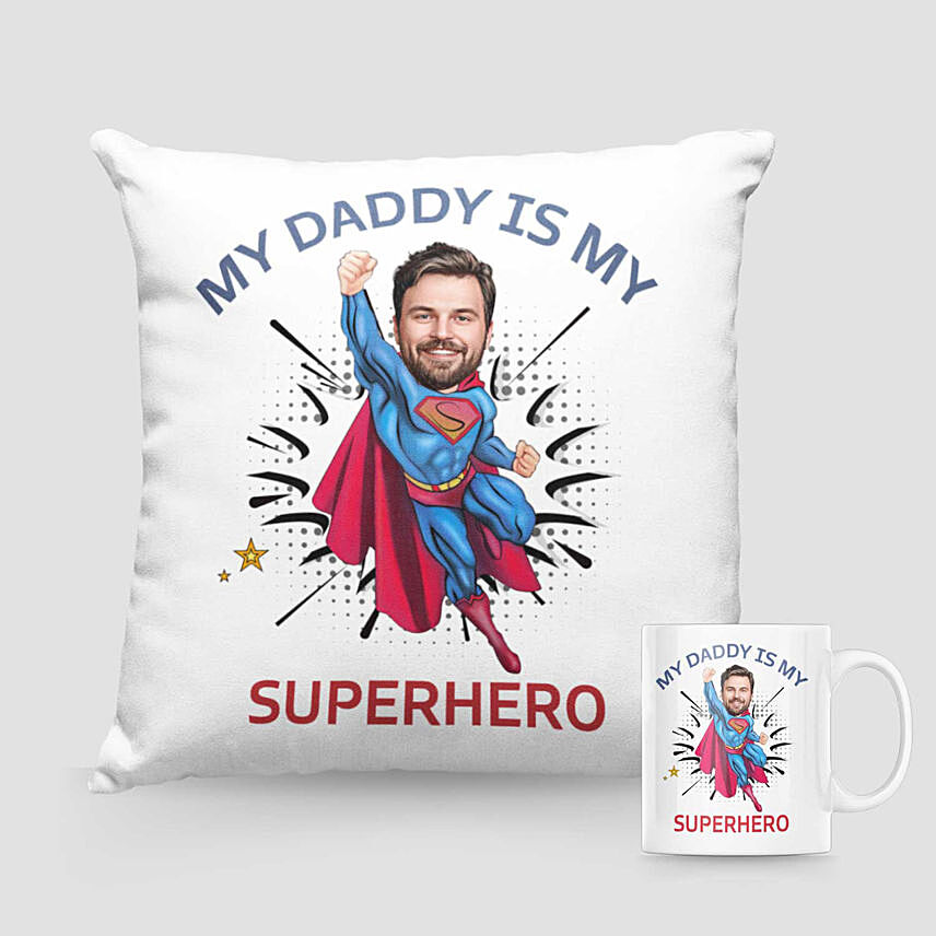 Superhero Caricature Cushion And Mug For Dad