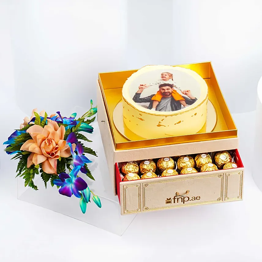 Premium Box Of Photo Cake Flowers And Chocolates