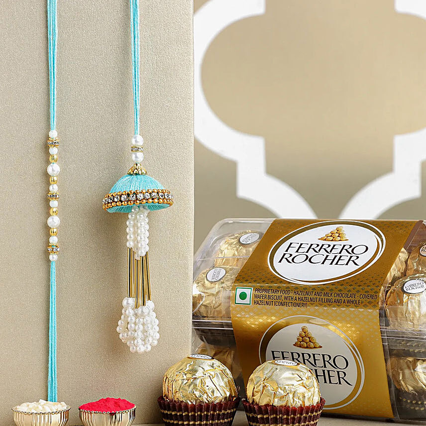 Enchanted Stone Work Lumba Pearl Rakhi Set With Choco Combo