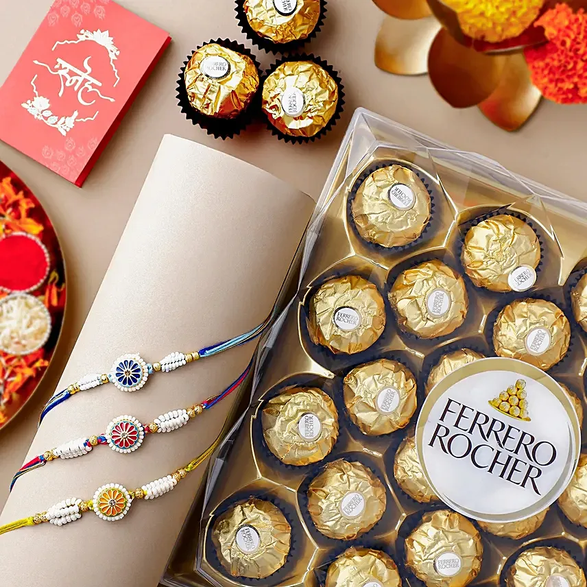 Floral Heritage Round Rakhi Trio N Ferrero Rocher 24 Pcs