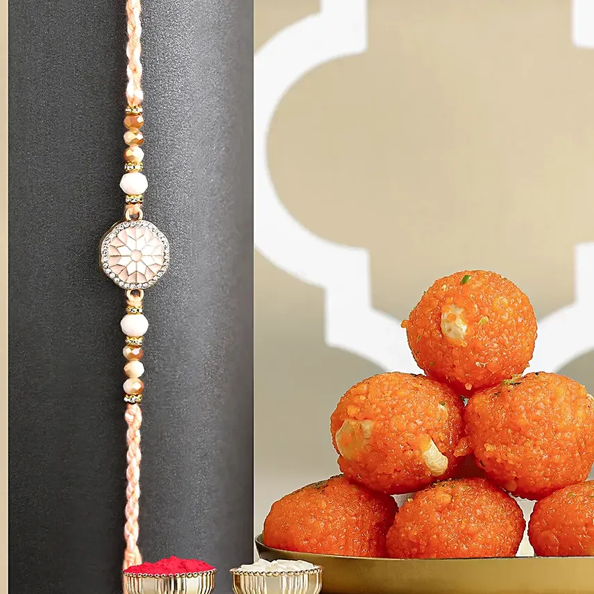 Rosy American Diamond Rakhi N Motichoor Laddoo