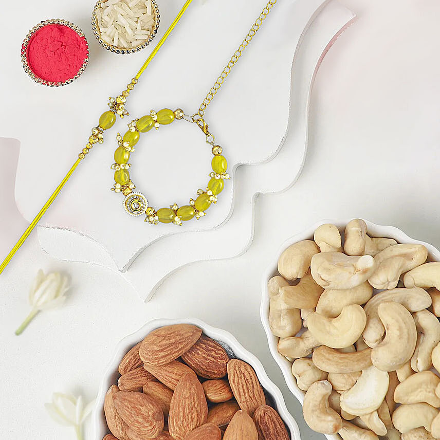 Sunkissed Stone Work Lumba Pearl Rakhi With Almonds and Cashew