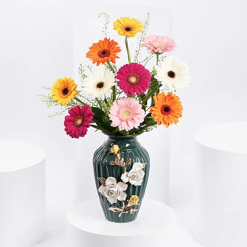 Mixed Color Gerbera In Premium Vase