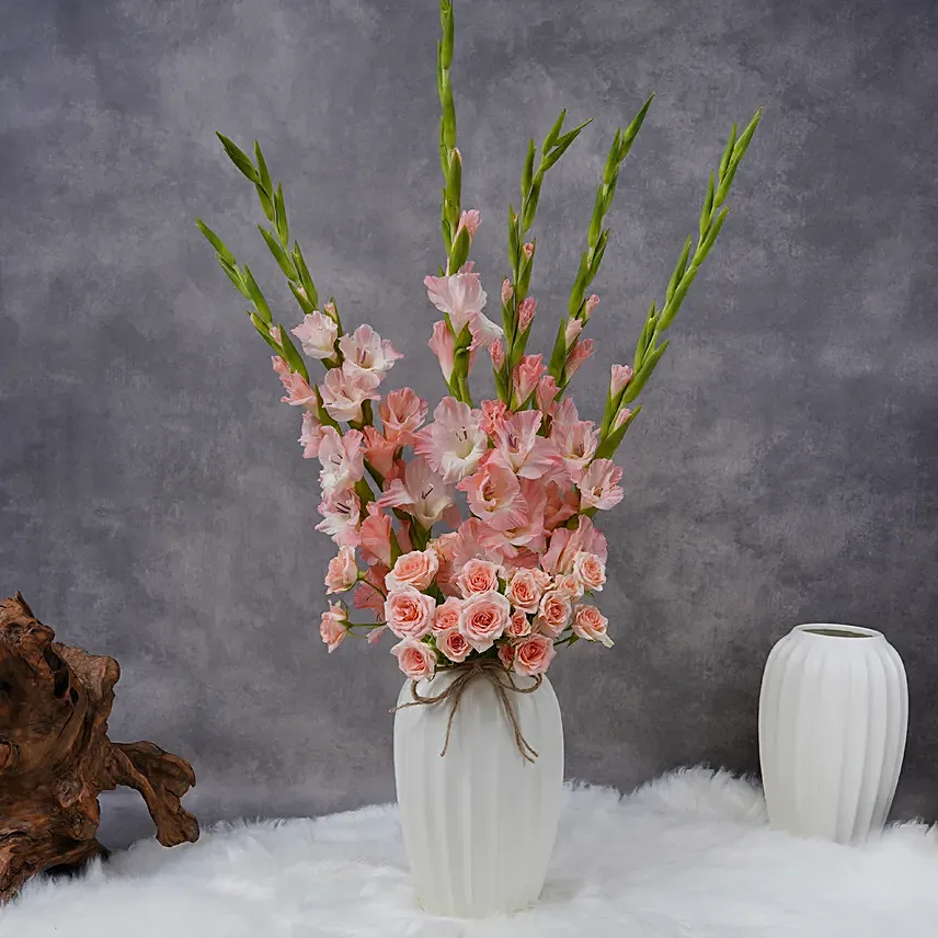 Gladiolus And Roses In A Premium Vase