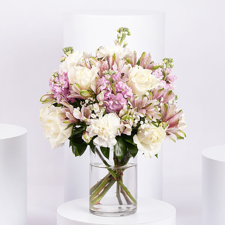 White and Pink Floral Bunch In Glass Vase