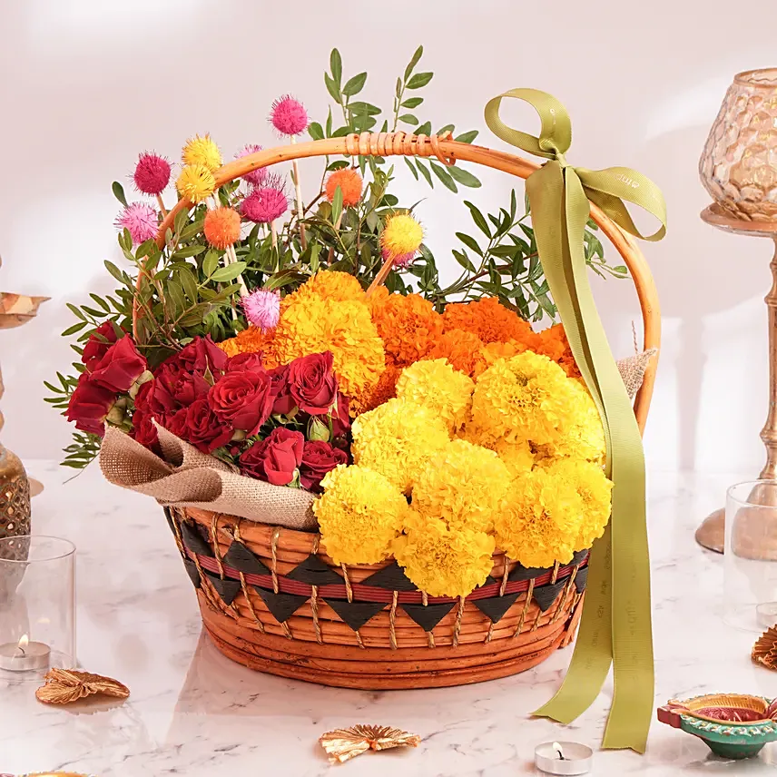 Marigold Flowers Basket With Roses