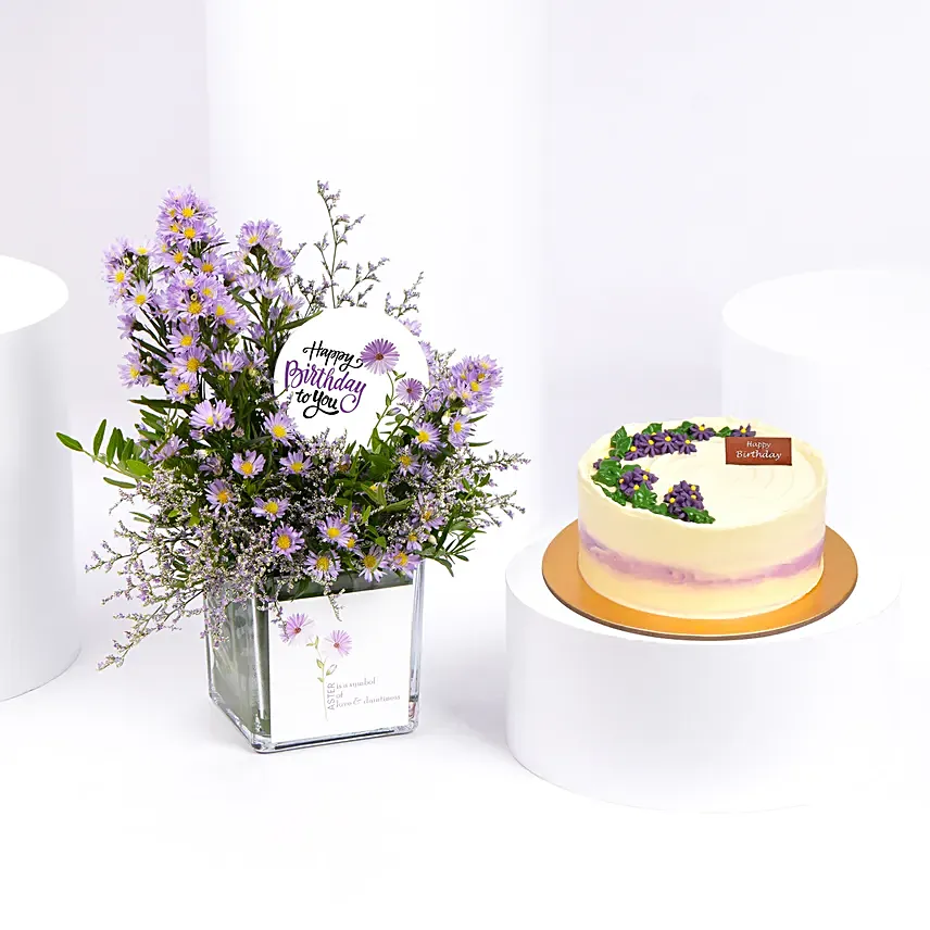 September Birthday Wishes Aster Flowers and Cake