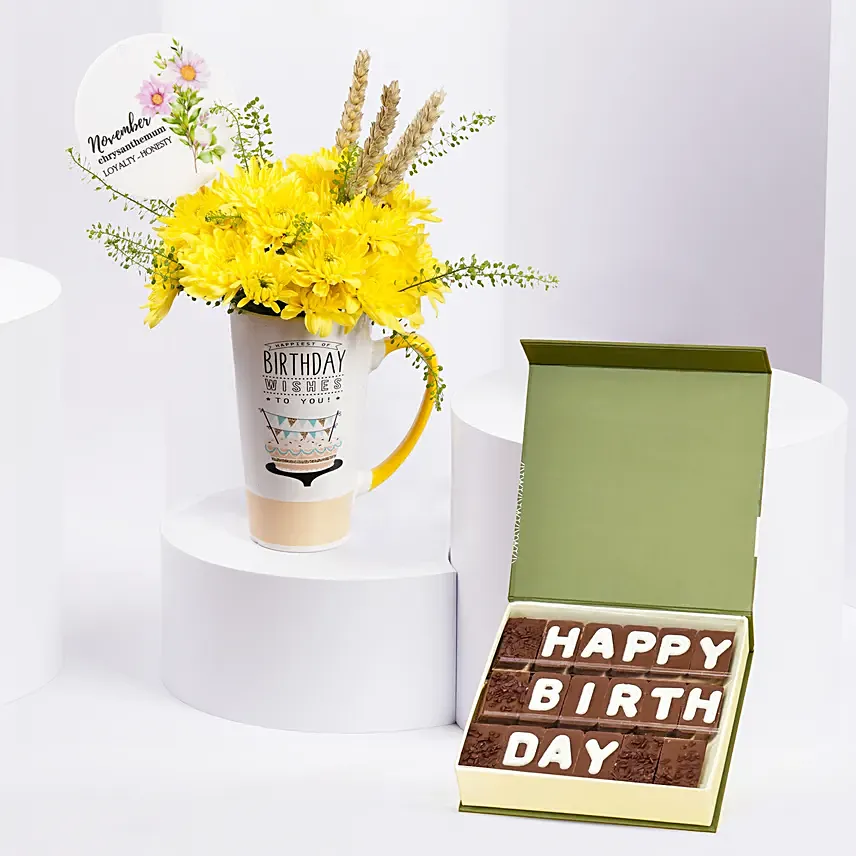 Yellow Chrysanthemum Flower Birthday Mug N Chocolate