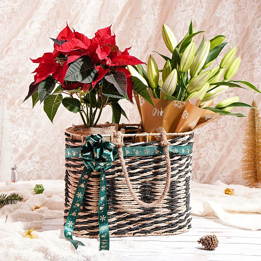 Poinsettia And Lilies Basket