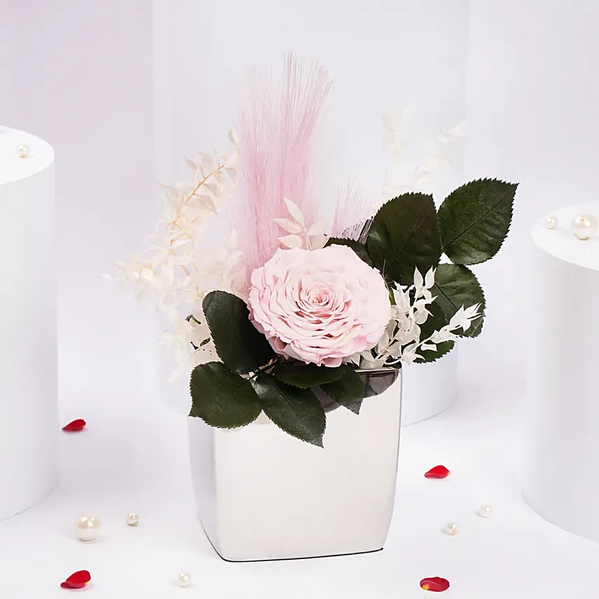 Large Pink Forever Rose in Premium Metal Vase