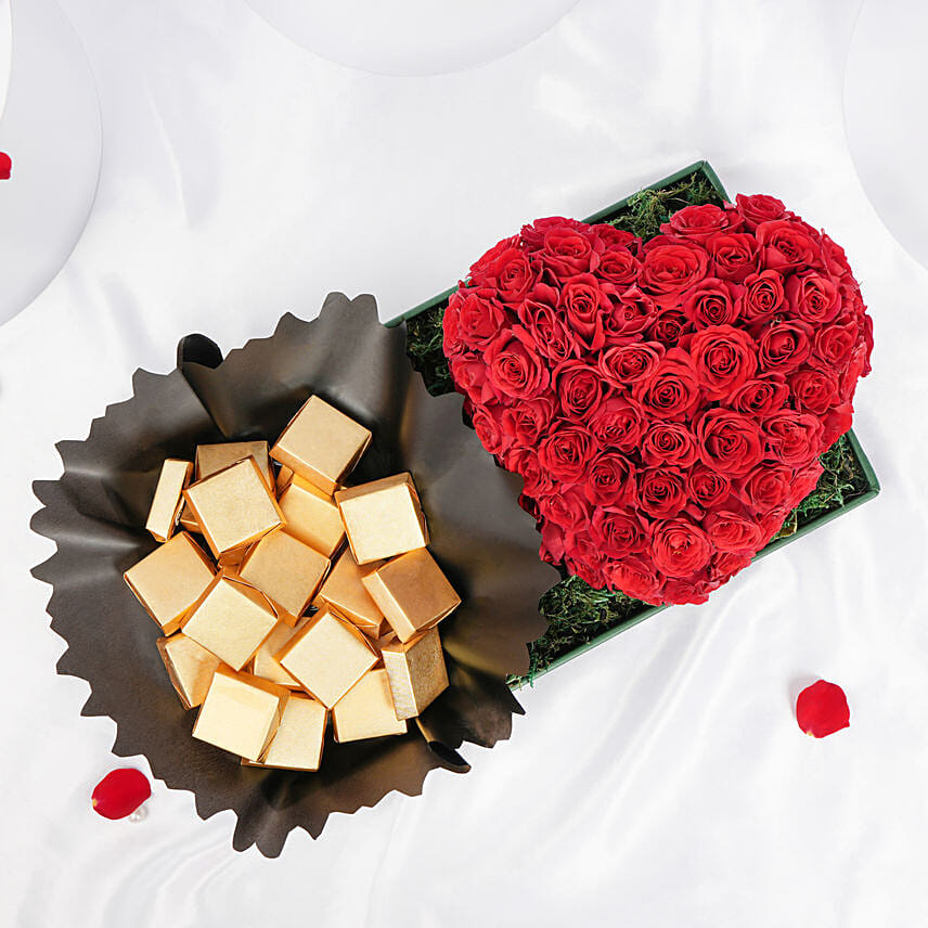 Heart Shaped Rose Arrangement And Chocolates