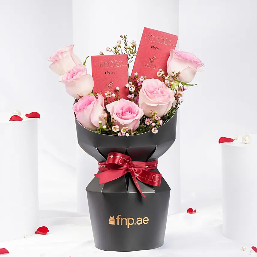 Sweet Combo Pink Roses And Chocolates